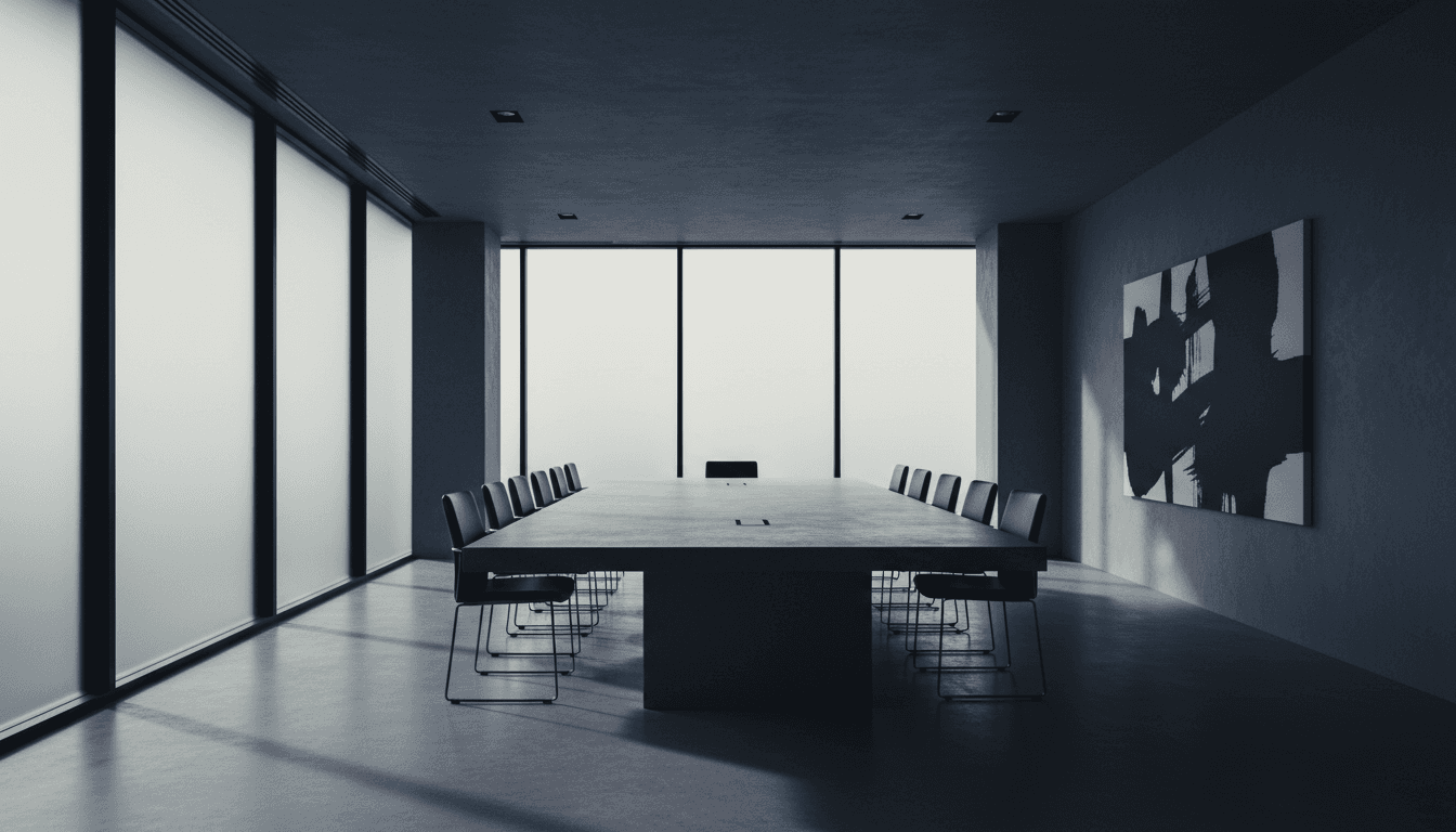 Minimalist corporate meeting room with a long table and large windows