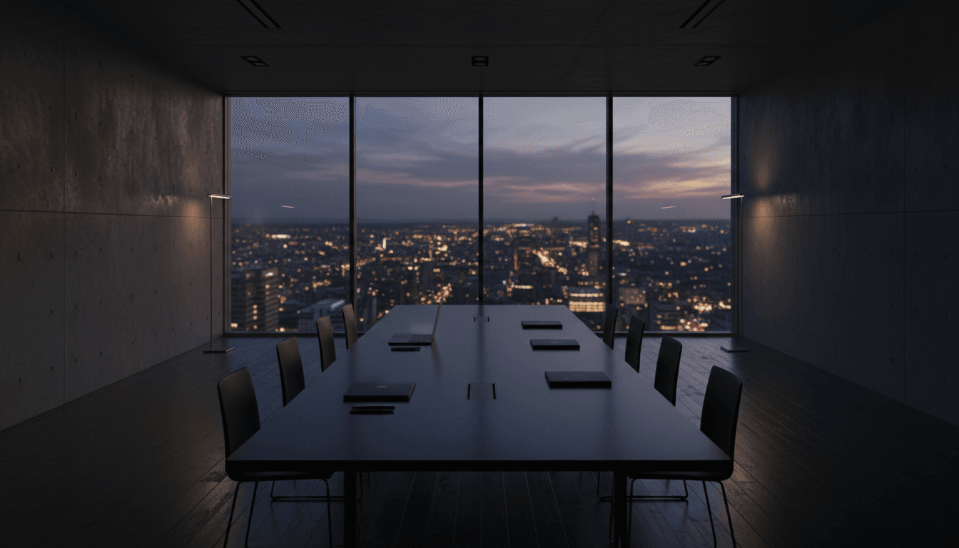 Empty executive boardroom with city lights at dusk