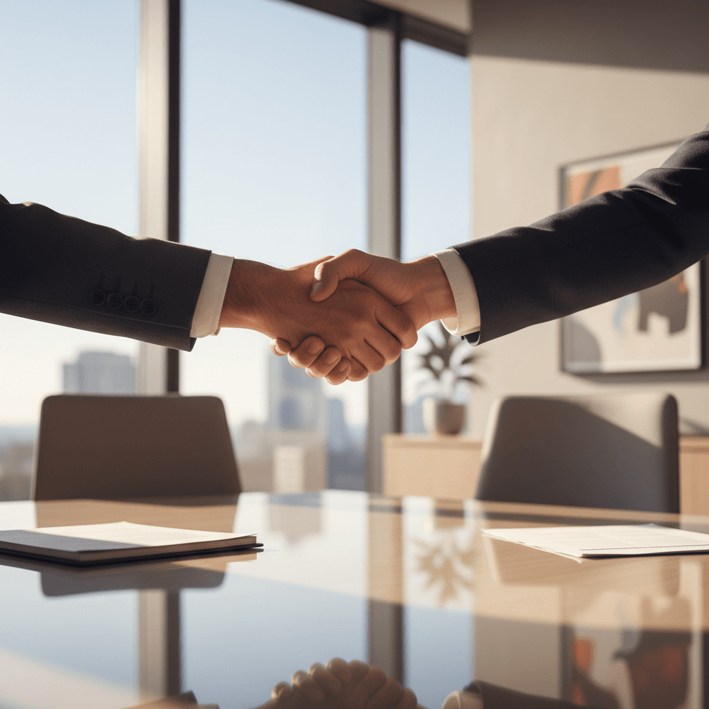 Firm handshake over a boardroom table in dramatic lighting