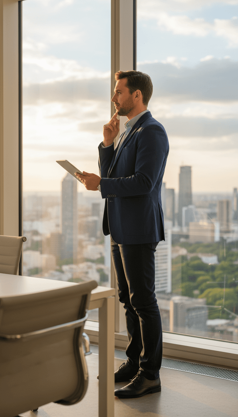 Confident executive standing in a modern office with city views