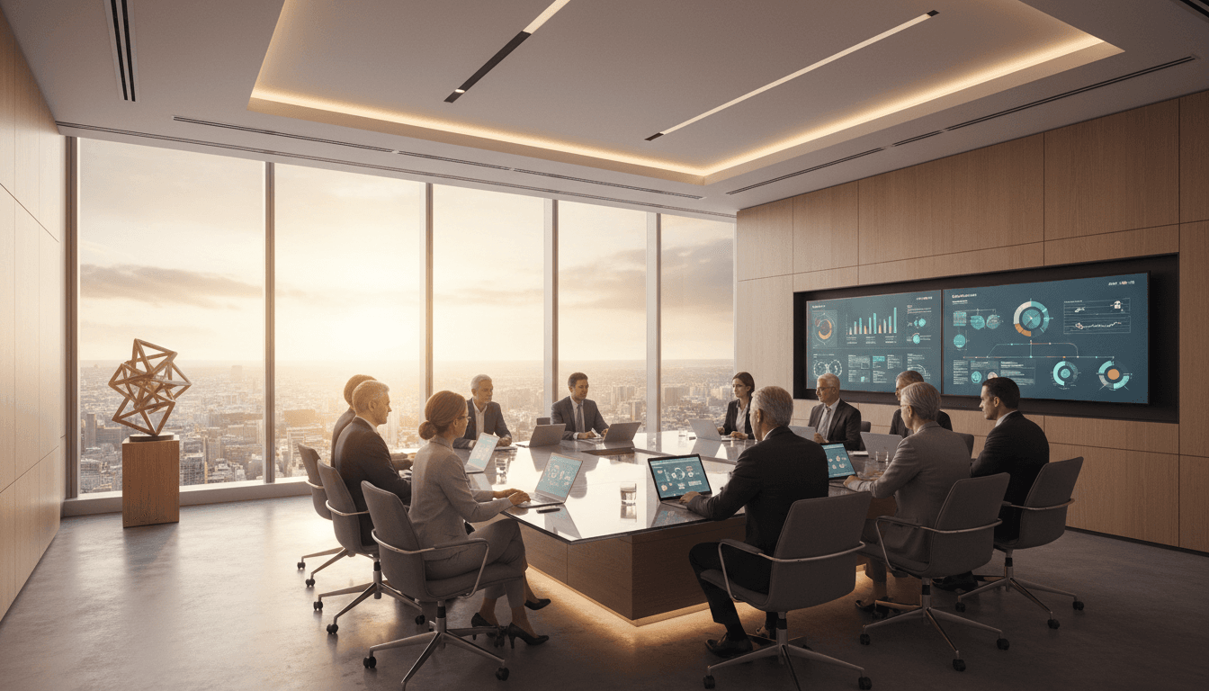 Executive team in a modern boardroom overlooking a city skyline