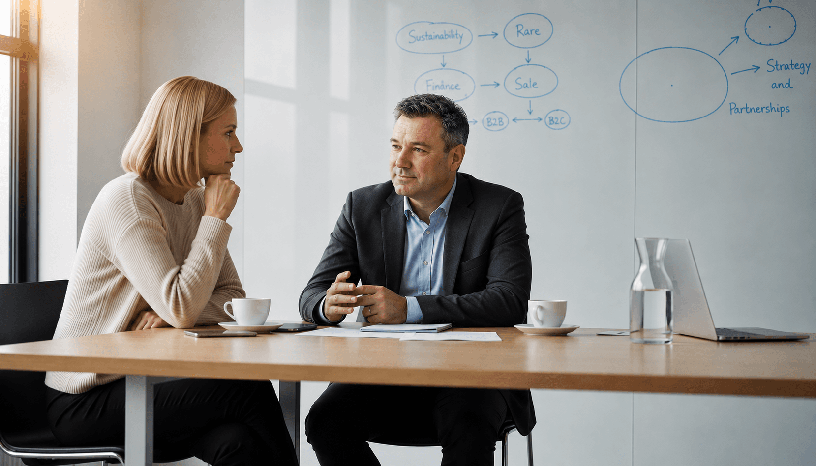 Man and woman sit at a table, discussing business strategy in a modern office.