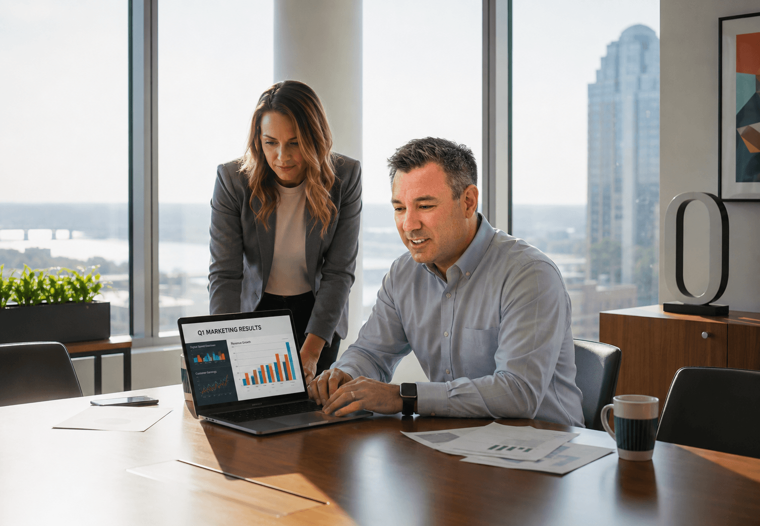 Two professionals review marketing results on a laptop in a bright, modern high-rise office.